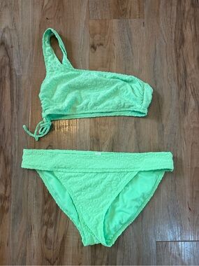Ninety Neon Green Textured Swim Top and Bottom Set